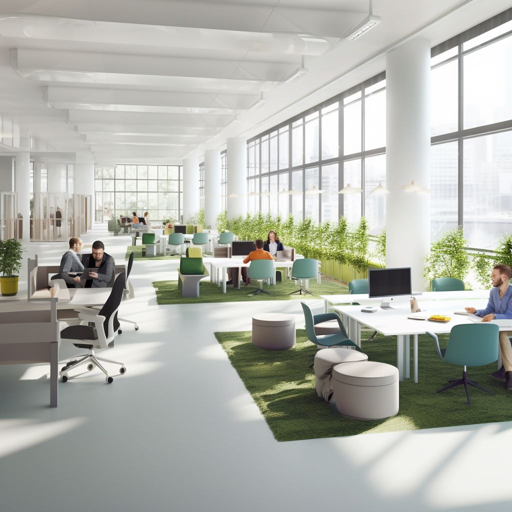 A spacious and beautifully optimized office space filled with natural light, ergonomic furniture, and happy employees collaborating effortlessly