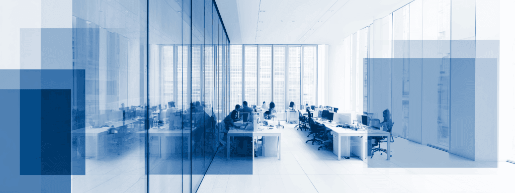 blue and white glass office